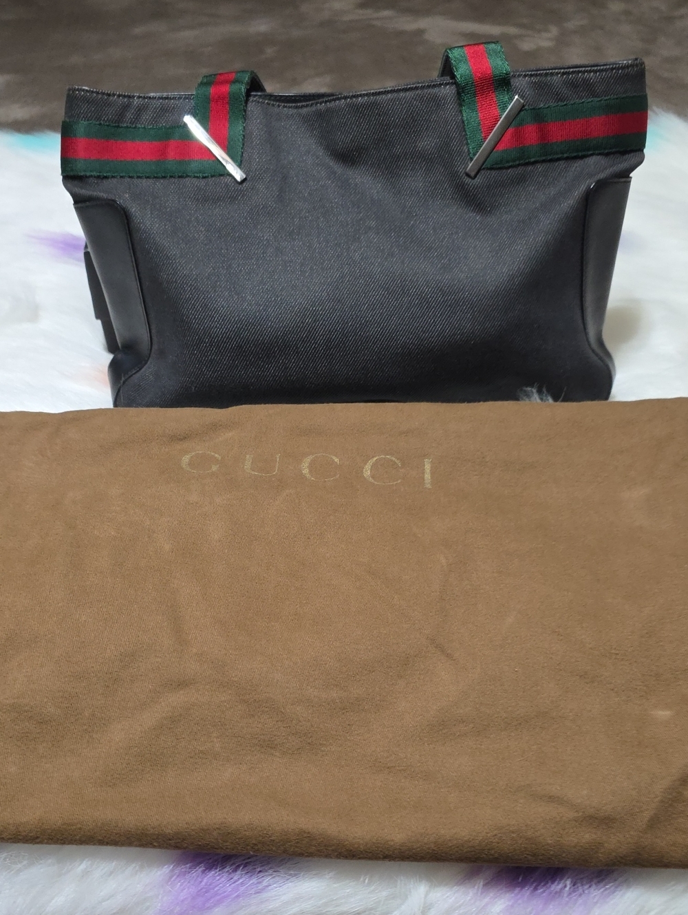 Authentic Gucci Black Canvas Tote with Green and Red Web Straps